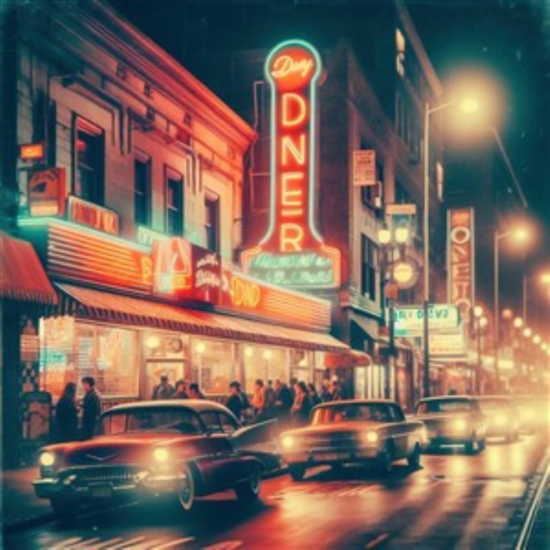 Gadebillede af Vintage Diner i Neonlys - Træd ind i en nostalgisk atmosfære med dette livlige gadebillede af en vintage diner, oplyst af farverige neonskilt. Oplev den pulserende energi fra biler og mennesker, der giver et indblik i en svunden tid.