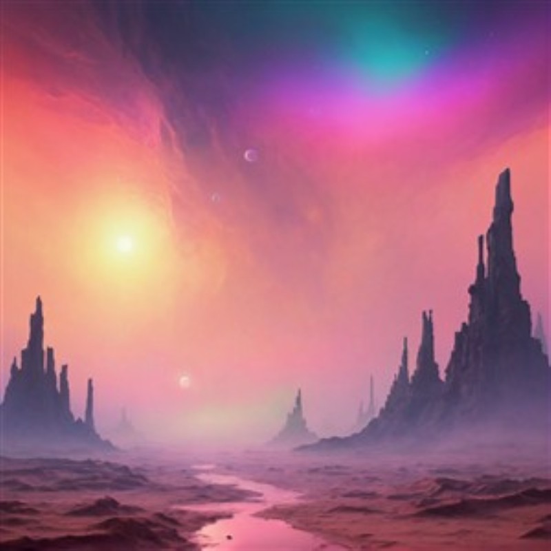 Drømmende sci-fi landskab med farverigt lys - Oplev det surrealistiske sci-fi landskab, hvor majestætiske klippeformationer møder en drømmende og farverig himmel. Perfekt til at skabe en inspirerende atmosfære i dit hjem.