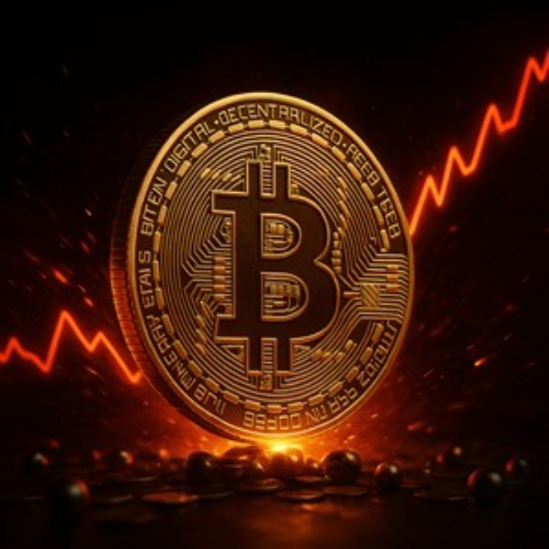 Bitcoin: En Stigende Trend i Digital Økonomi - Oplev det energiske og moderne udtryk i denne fantastiske illustration af en Bitcoin-mønt, der står i fokus mod en baggrund af stigende markedsgraf. Perfekt til at inspirere og motivere i dit hjem eller kontor.