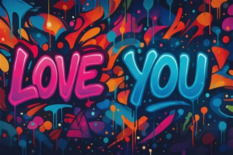 Farverig kærlighed i grafisk kunst - Oplev det livlige grafiske kunstværk med den elskede tekst 'LOVE YOU', der blander pink og blå nuancer på en dyb, mørk baggrund. Denne farverige komposition tilføjer en legende og kærlig stemning til dit hjem.