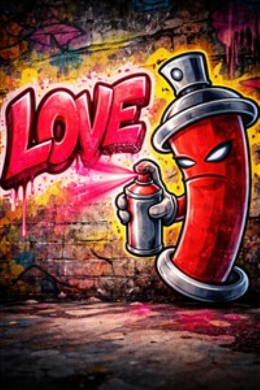 Farverig Graffiti med Kærlighedsbudskab - Oplev den livlige energi i denne graffiti, hvor en karismatisk spraydåse udtrykker kærlighed. Med sit unikke design og dristige farver, tilføjer dette kunstværk et kreativt twist til dit hjem.