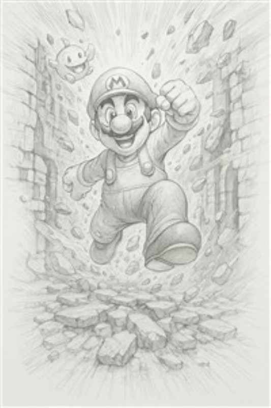 Mario på Eventyr: Kraftfuld Aktion - Oplev det spændende øjeblik, hvor Mario bryder gennem murene i en kæmpemæssig springfyldt aktion. Denne fantastiske illustration bringer liv og bevægelse til ethvert rum, perfekt til at inspirere eventyrlystne sind.