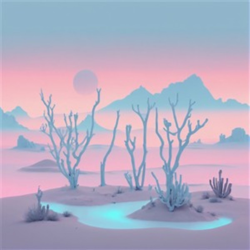 Surrealistisk Pastelfantasi - Dyk ind i et drømmende landskab, hvor bløde former og døde træer danser under en pastelfarvet himmel. Denne kunstværk tilføjer en magisk atmosfære til ethvert rum, perfekt til at inspirere og berolige sindet.