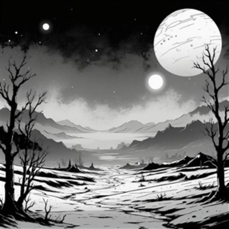 Mørk Astral Udsigt - Dette fantastiske sort-hvide landskab præsenterer døde træer og majestætiske bjerge under en storslået planet, der svæver på himlen. Perfekt til den drømmende sjæl, der søger en unik atmosfære til sit rum.