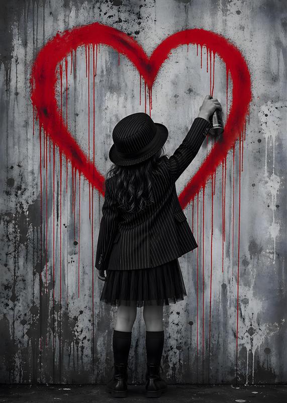 Kreativ Kærlighed: Graffiti Hjerte - Oplev den fantastiske kontrast mellem det sort/hvide miljø og det livfulde, røde hjerte, der skildrer en ung piges ukuelige ånd. Hendes passion for kunst og kreativitet stråler i dette imponerende billede, der bringer liv til enhver væg.