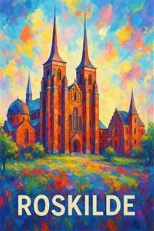Førende Farver i Roskilde - Oplev den spektakulære skønhed af Roskilde Domkirke i denne farverige kunstneriske fortolkning. De livlige nuancer og den blomstrende forgrund bringer et glædeligt lys ind i ethvert rum.