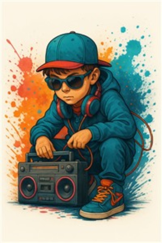 Stilfuld Hip-Hop Dreng med Boombox - Oplev energien fra gaden med denne farverige illustration af en ung hip-hop dreng. Klædt i en cool hættetrøje og solbriller, fanger han øjeblikket, mens han nyder musikken fra sin boombox, omgivet af livlige sprøjtede baggrunde, der sætter gang i fantasien.