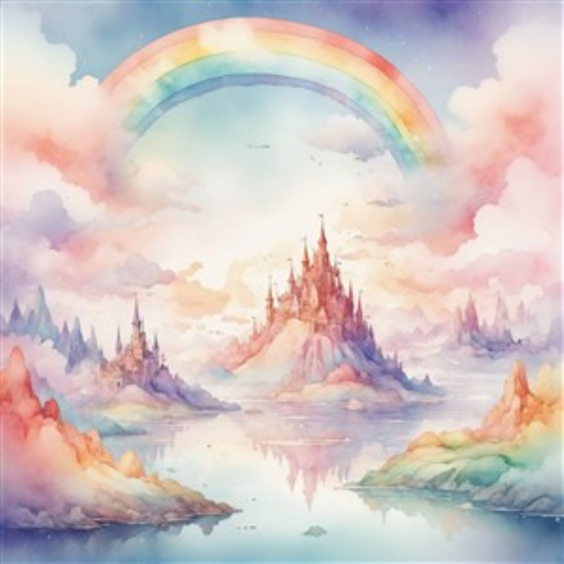 Eventyrligt Slot i Pastel - Oplev det magiske ved dette drømmeslot omfavnet af farverige bjerge og en strålende regnbue. Dette kunstværk bringer en følelse af fantasi og ro ind i dit hjem, perfekt til at inspirere drømme i både børn og voksne.