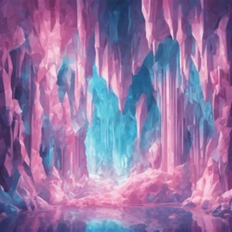 Magisk Isgrotte med Farverige Nuancer - Træd ind i en magisk isgrotte, hvor nuancer af pink og blå skaber en drømmende atmosfære. Denne digitale illustration tilføjer et unikt og farverigt element til dit hjem.