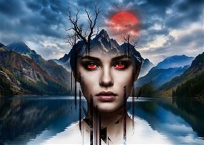 Surrealistisk Solnedgang over Bjergene - Oplev den drømmeagtige skønhed i dette surrealistiske kunstværk, hvor en kvindes ansigt fusionerer med bjergenes majestæt. De røde øjne og den glødende sol skaber en intens, mystisk atmosfære, der vil berige dit hjem med unikitet og dybde.