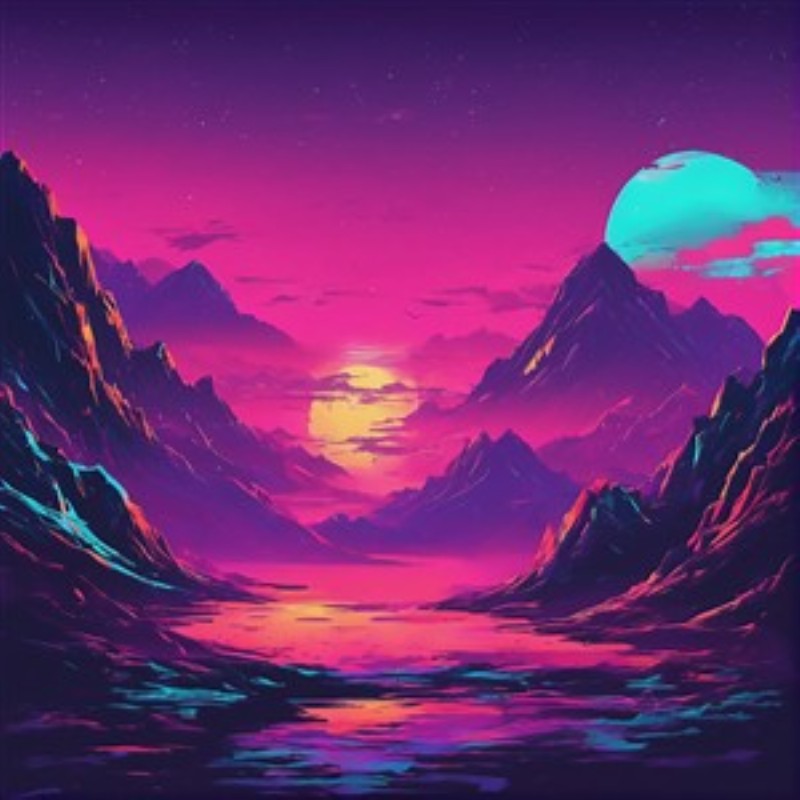 Surrealistisk nat med farverige bjerge - Træd ind i en drømmeverden med dette surrealistiske landskab, hvor farverige bjerge møder en mystisk måne. De intense pink og blå nuancer skaber en hypnotiserende atmosfære, perfekt til at inspirere din fantasi.