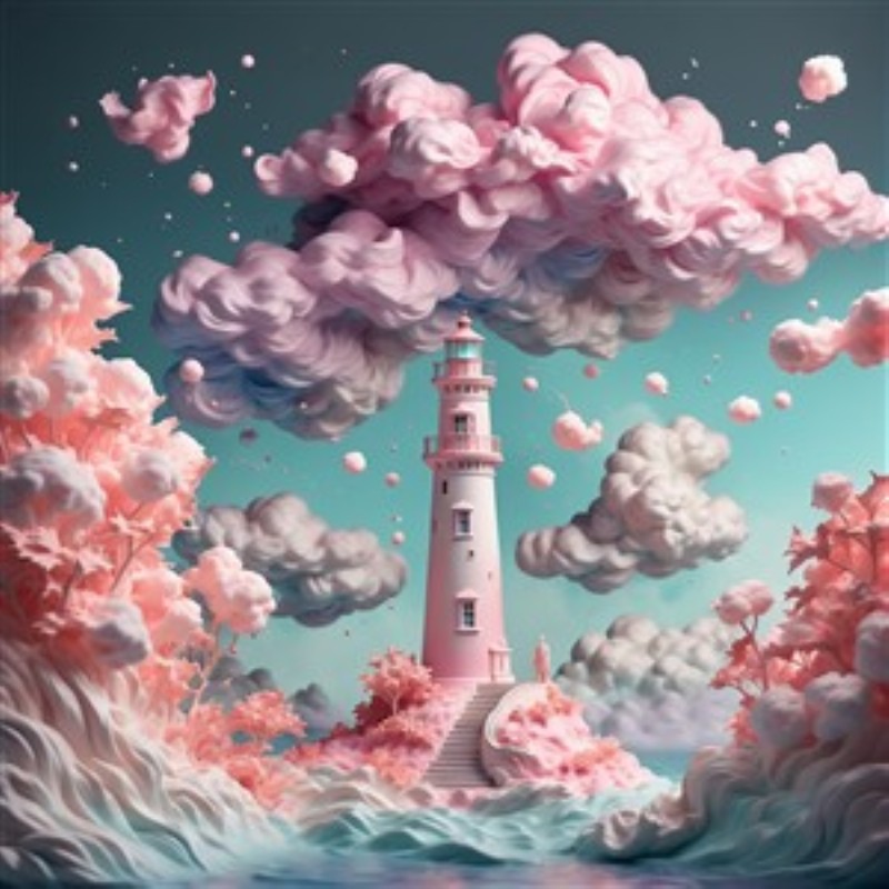 Fantastisk Fyrtårn i Drømmeland - Oplev den magiske atmosfære i dette surrealistiske fyrtårn, omgivet af lyserøde skyer og bløde pastelnuancer. Perfekt til at skabe en drømmende stemning i dit hjem.
