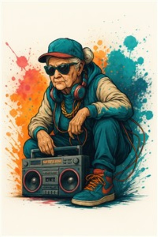 Hip Hop Legende: Den Seje Gamle Mand - Oplev en livlig illustration af en ældre mand, der bringer hiphop-stilen til live med sin boombox. Denne farverige kunstværk tilføjer karakter og energi til ethvert rum.