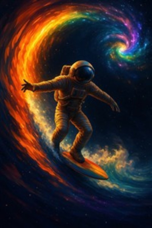 Astronaut på Surfebølge i Universet - Dyk ned i det galaktiske eventyr med denne spændende plakat, hvor en astronaut surfer gennem en farverig bølge af stjerner og lys. Ideel til at bringe en følelse af nysgerrighed og eventyr ind i dit hjem.