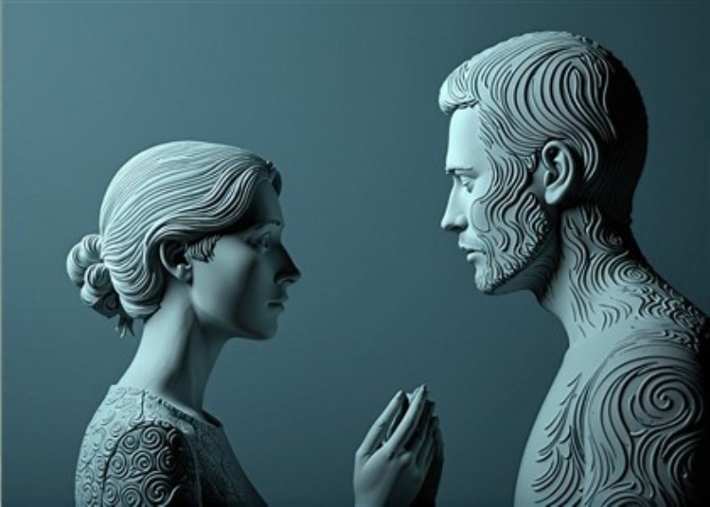 Dyb Samtale mellem Mand og Kvinde - Oplev den betagende skulptur af en mand og kvinde i en dyb samtale. Deres udtryk og detaljerede ansigtstræk fanger essensen af forbindelse og intimitet i et stilrent design.
