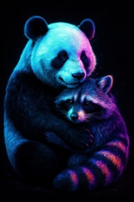 Neon Kram: Panda og Vaskebjørn Venner - Oplev den magiske verden af farverige dyr med dette betagende billede af en panda og en vaskebjørn, der kærtegner hinanden i skønne neonfarver. Den perfekte tilføjelse til ethvert rum, som skaber en legende og hjertevarm atmosfære.