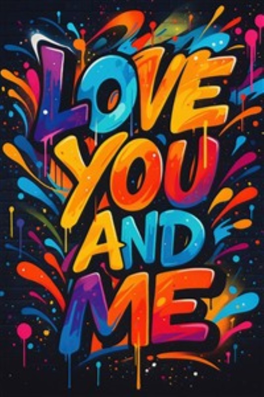 Sprudlende Kærlighed i Graffiti - Denne plakat fanger det sprudlende udtryk af kærlighed med en iøjnefaldende graffiti-stil, hvor teksten 'LOVE YOU AND ME' omfavnes af farverig splat. Perfekt til at tilføje liv og personlighed til dit rum.