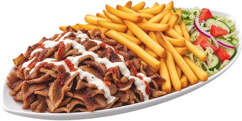 Kebabtallerken med pommes frites og salat