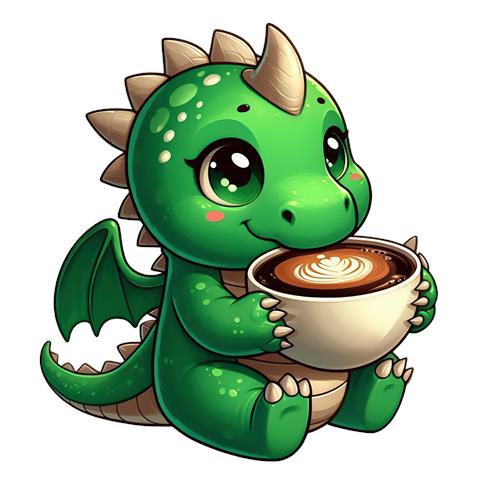Kærlig grøn drage med kaffe
