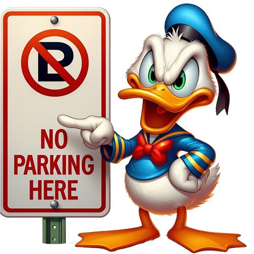 Donald Duck ved parkeringsskilt