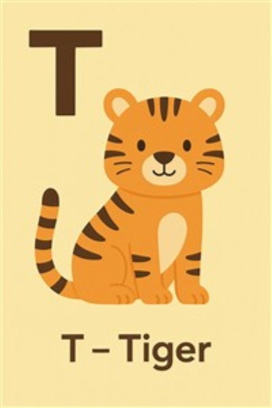 Sjov T for Tiger til Børneværelset - Denne farverige illustration af en sød tiger med bogstavet T vil charme dit barn og gøre læring sjovere. Perfekt til at inspirere til alfabetisk opdagelse i deres værelse.