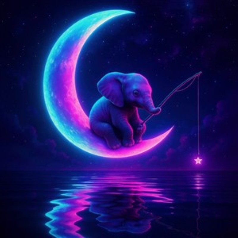 Måneskinn og Elefantdrømme - Oplev en magisk atmosfære med denne farverige illustration af en elefant på månen, der fisker efter stjerner. Perfekt til at skabe en drømmende stemning i dit hjem.