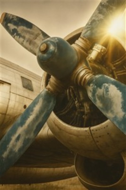 Klassisk Flymotor med Slidte Blade - Oplev det nostalgiske skær af fortiden med dette nærbillede af en vintage flymotor. De slidte propeller og solens varme stråler skaber en stemning af ægte eventyr og historie.