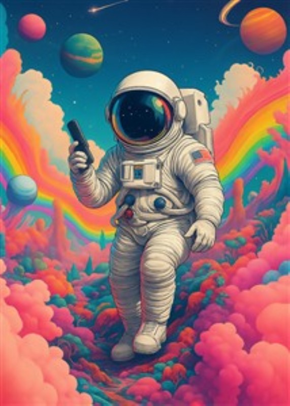 Astronaut i et Farverigt Rummaleri - Udforsk det surrealistiske univers med vores fantastiske plakat af en astronaut, der svæver gennem et drømmende, farverigt rumlandskab. Dette visuelle mesterværk vil helt sikkert tilføje en magisk stemning til ethvert rum.