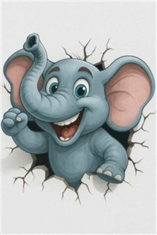 Glade Elefant i Væggen - Oplev den livlige charme fra en glad elefant, der bryder gennem væggen og spreder glæde. Den søde, cartoon-inspirerede elefant vil bringe smil og liv til ethvert rum, perfekt til at inspirere fantasi hos både børn og voksne.