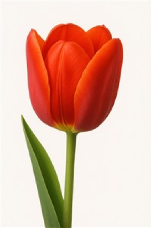 Strålende Rød Tulipan i Fokus - Oplev skønheden i denne strålende røde tulipan, elegant præsenteret med sine livlige grønne blade mod en lys baggrund. Denne udsøgte plakat bringer liv og farve til ethvert rum.