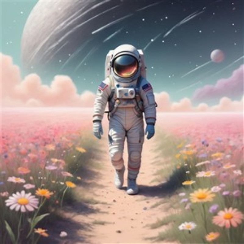 Astronaut i Blomsterhaven - Tag med på en magisk rejse, hvor en astronaut vandrer gennem en farverig blomstereng under en funklende stjernehimmel. Dette unikke kunstværk skaber en drømmende og inspirerende atmosfære i dit hjem.