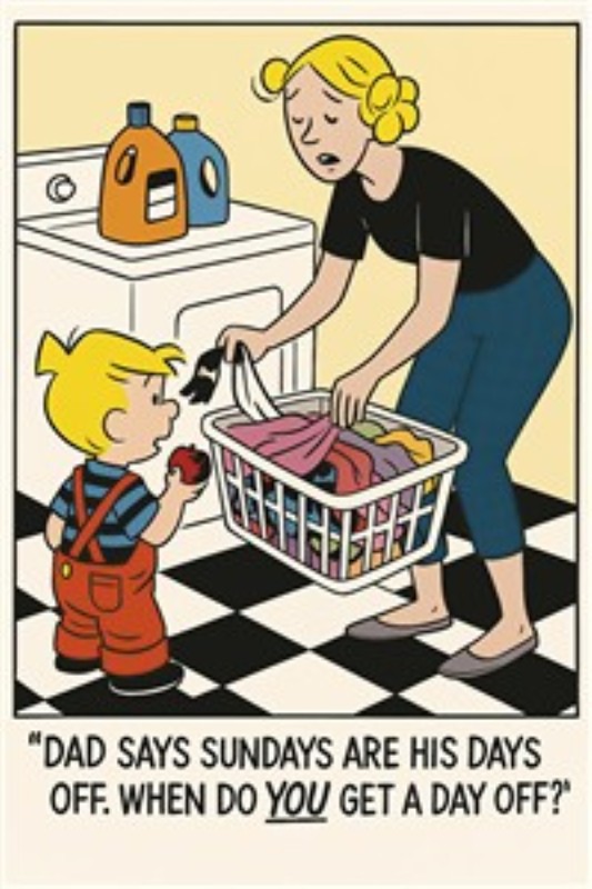Hvornår får du fridag? - Oplev det sjove øjeblik, hvor barnet spørger sin mor om hendes fridag, mens hun kæmper med vasketøjet. Denne illustration fanger humor og hverdagslivets små glæder. En perfekt tilføjelse til ethvert hjem.