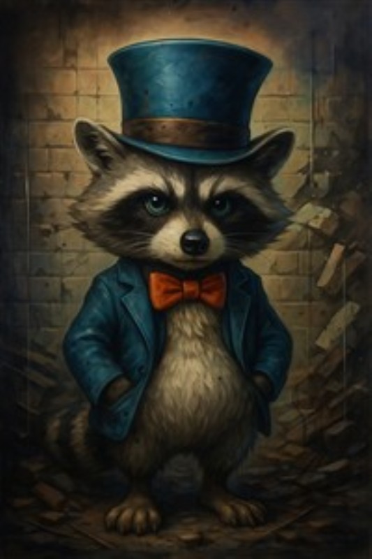 Charmende vaskebjørn i stilfuldt outfit - Oplev denne charmerende vaskebjørn i sin classy blå hat og røde butterfly. Den udstråler elegance og sjov, hvilket gør den til det perfekte kunstværk, der kan lyse ethvert rum op.