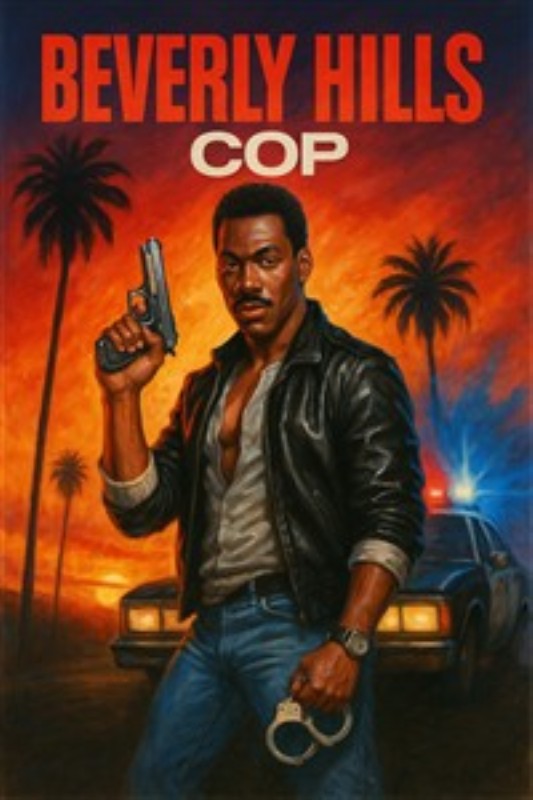 Beverly Hills Cop - Klassisk Actionkomedie Plakat - Oplev den ultimative actionkomedie med denne plakat fra Beverly Hills Cop. Den stilfulde betjent omgivet af palmer og en politibil fanger essensen af 80'erne og tilføjer et unikt touch til dit rum.