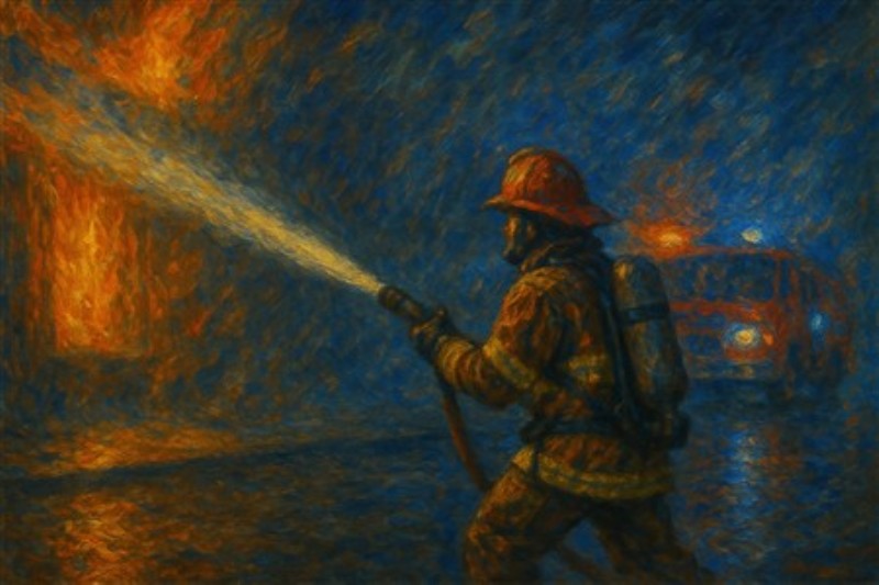 Dramatisk Brandmand i Aktion - Oplev helten i aktion med denne fantastiske kunstplakat! En brandmand kæmper tappert mod flammerne i en intens og dramatisk scene, perfekt til at inspirere og skabe mod i dit hjem.