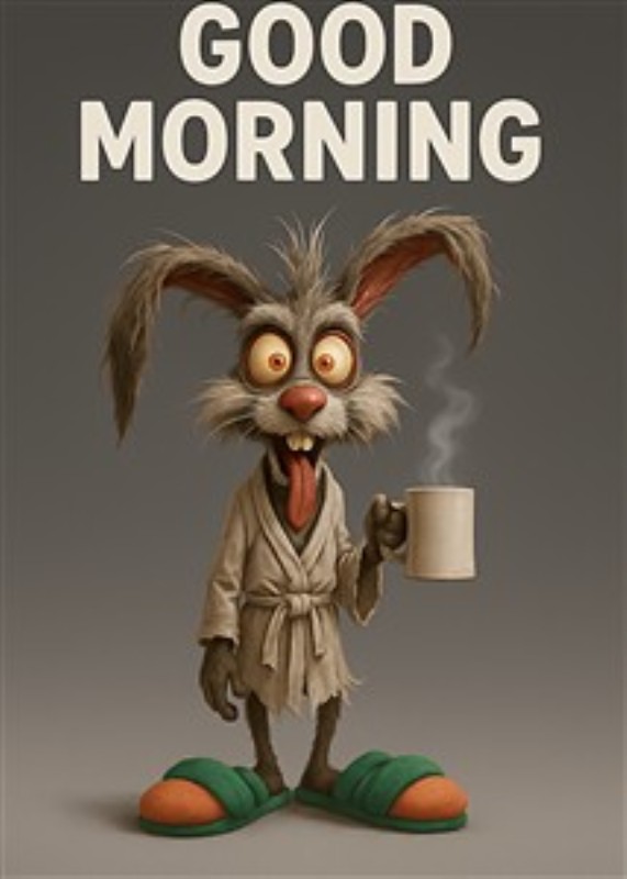 Kaffeglæde med en sjov kanin - Start din dag med et smil! Denne farverige tegneseriekanin i badekåbe bringer liv og humor til ethvert rum, mens den holder sin dampende kaffekop. Perfekt til dem, der elsker en sjov og livlig indretning.